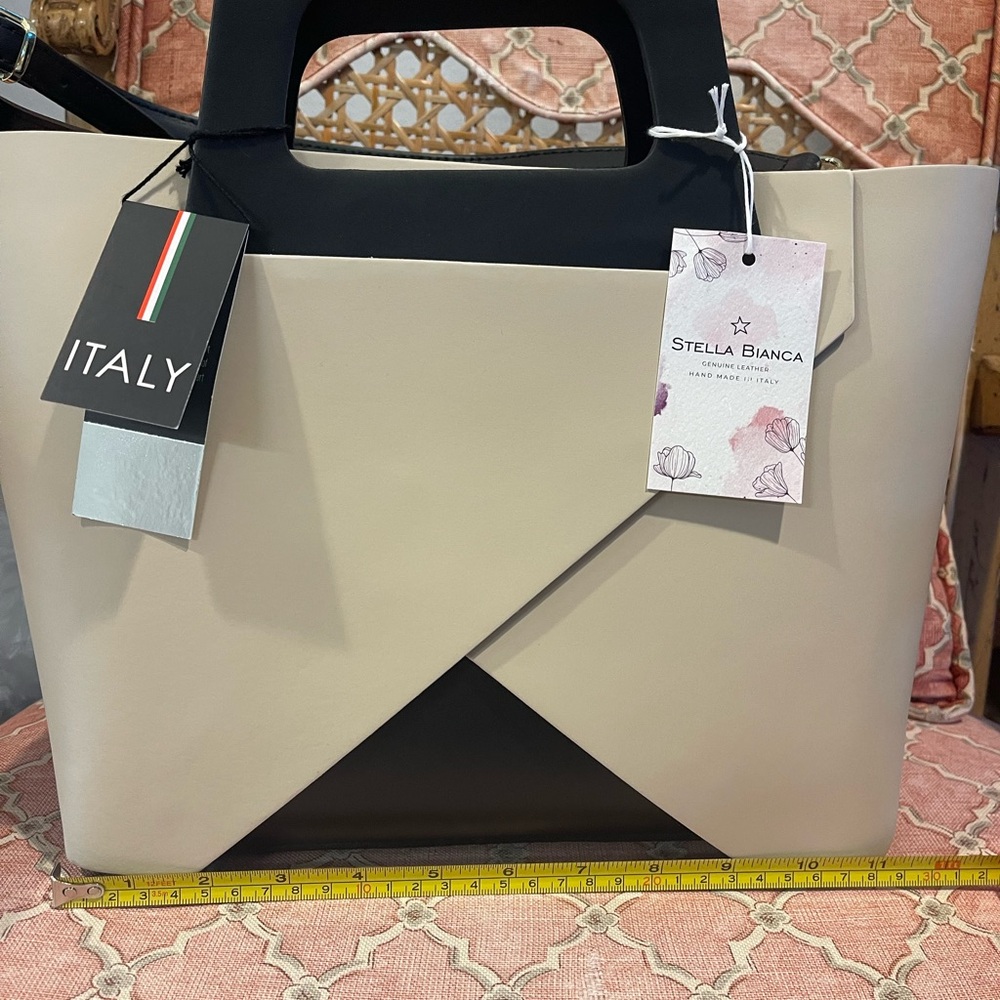 Geometric Italian Black & Cream Handbag NWT